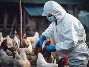 Worker inspecting chickens for avian flu